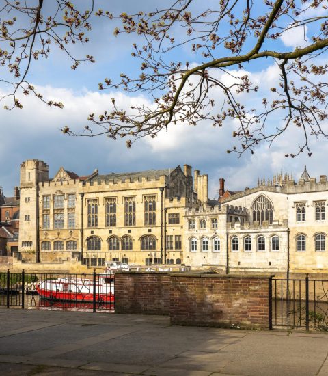 Historic riverside buildings and cherry blossoms under a blue sky in York, England, with people walking in the foreground