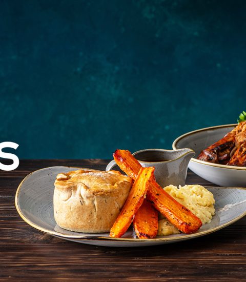 Explore our menu featuring fish and chips, hearty pie, succulent ribs, and a gourmet burger against a rustic backdrop
