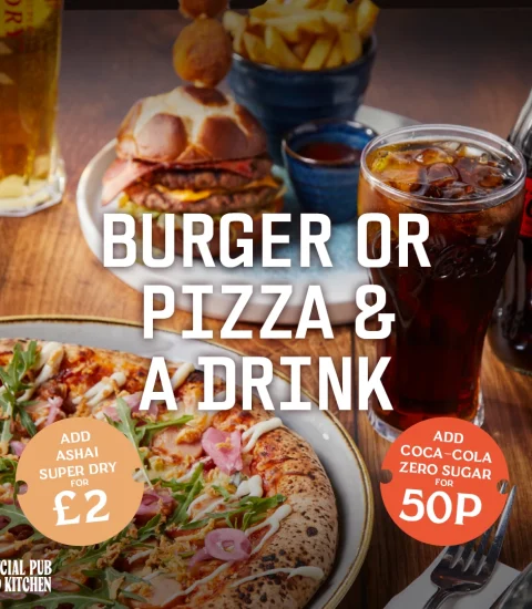 Burger or pizza with a drink offer at Social Pub and Kitchen. Add Asahi Super Dry £2 or Coca-Cola Zero Sugar 50p