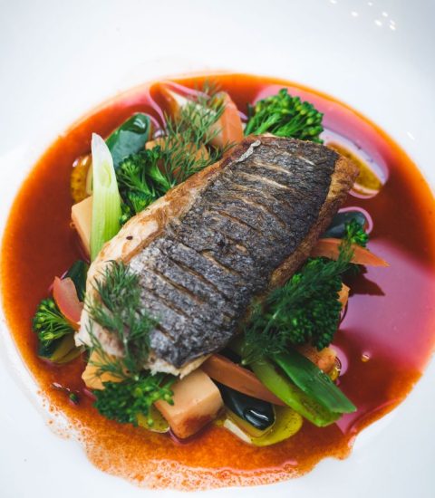 Grilled fish fillet served with vibrant vegetables in a rich tomato-based sauce, garnished with fresh herbs in a white bowl