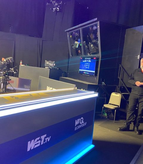 Broadcast studio with cameras and crew at WST TV for the MrQ UK Championship snooker tournament setup