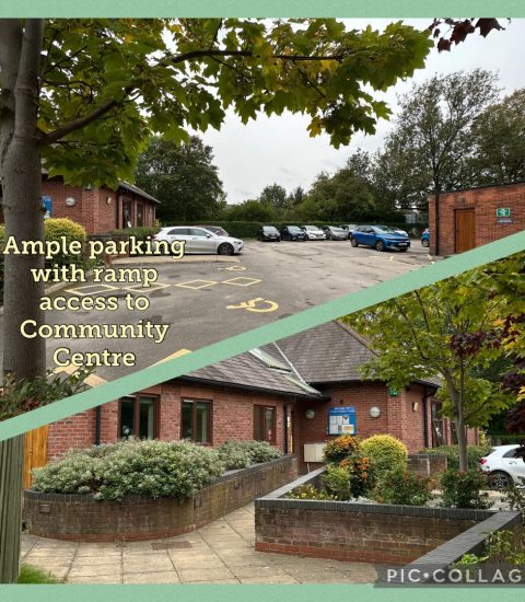 Community Centre with ample parking and ramp access, surrounded by greenery, ensuring accessibility and convenience