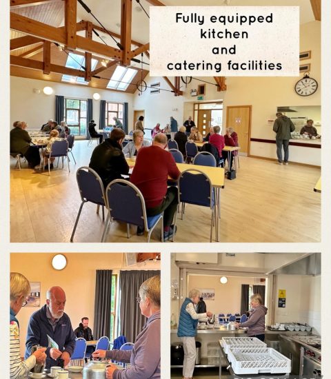 Community hall with fully equipped kitchen and catering facilities, featuring dining areas and people socialising