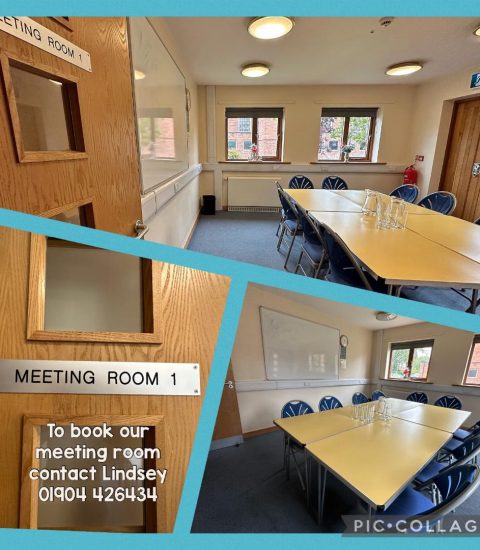 Meeting Room 1 with table and chairs, ready for hire. Contact Lindsey at 01904 426434 to book your meeting space